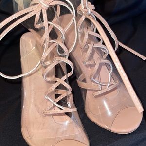 Clear nude lace heels